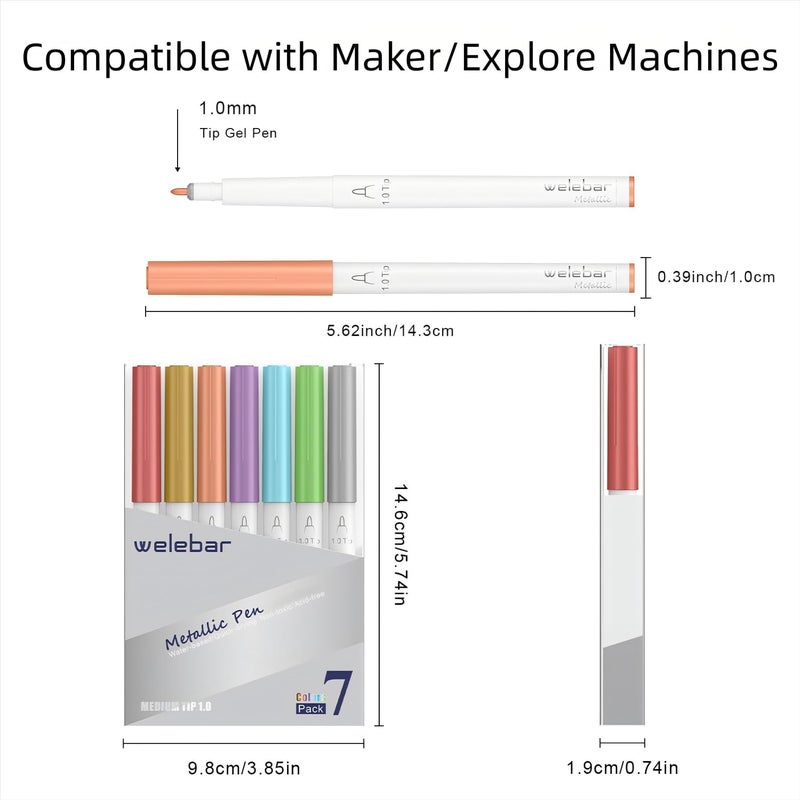 welebar 7 Pack Metallic Pen Set, 1.0 Tip Marker Pens Compatible with Cricut Maker 3/Maker 4/Maker/Explore 3/Explore 4/Air 2/Air, Metallic Ink Markers for Envelope, Invitations, Cards, Drawing - Image 3